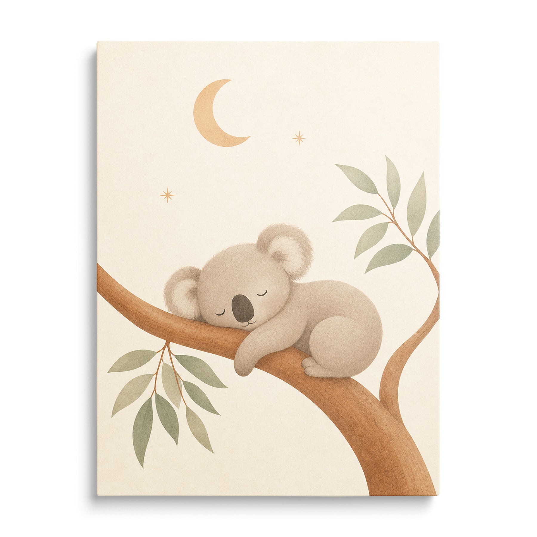 Dětský obraz spící koala na větvi pod měsícem a hvězdami