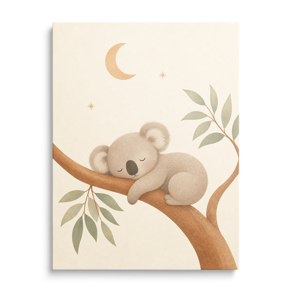 Dětský obraz spící koala na větvi pod měsícem a hvězdami