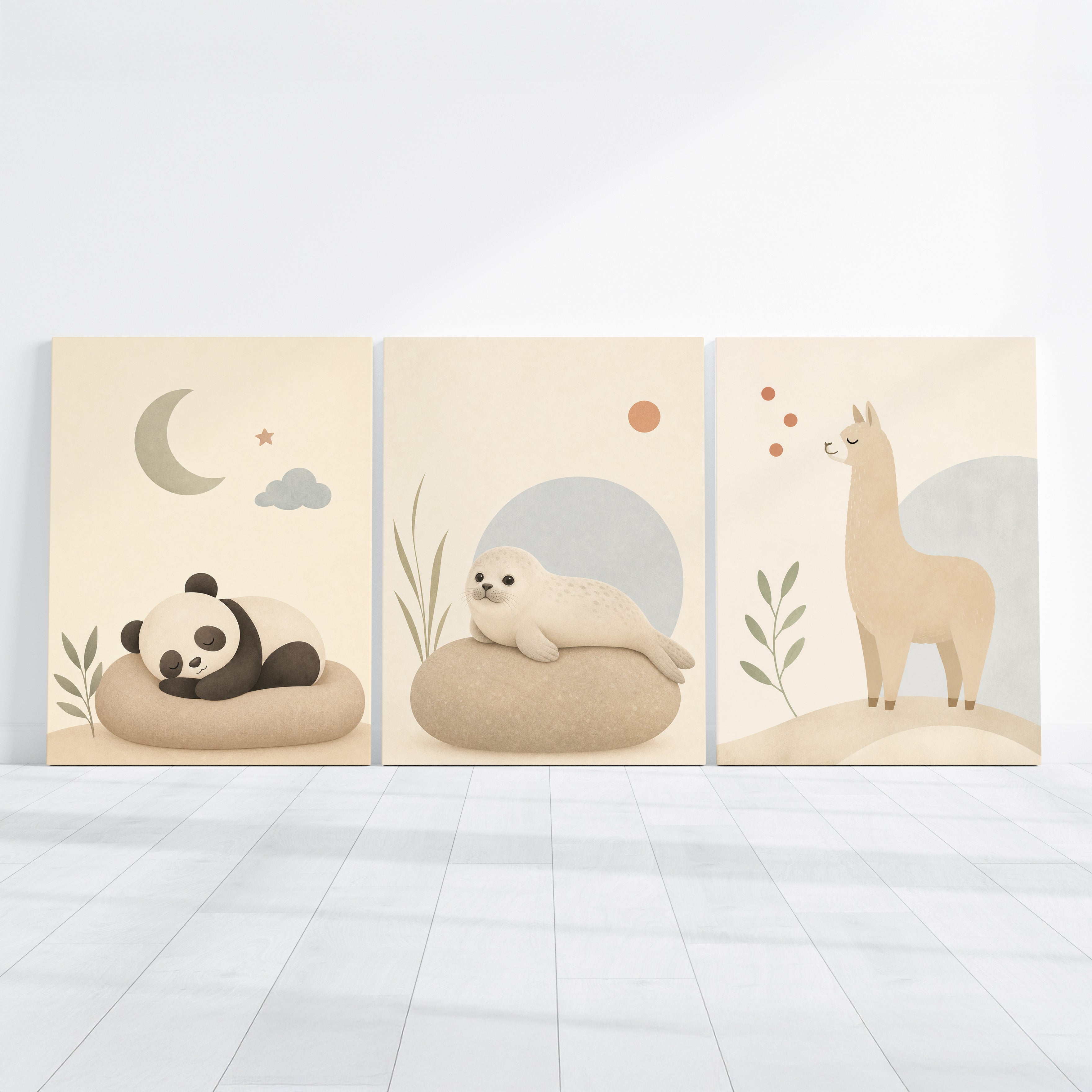 Sada 3 dětských obrazů s pandou, tuleněm a lamou v jemných přírodních tónech
