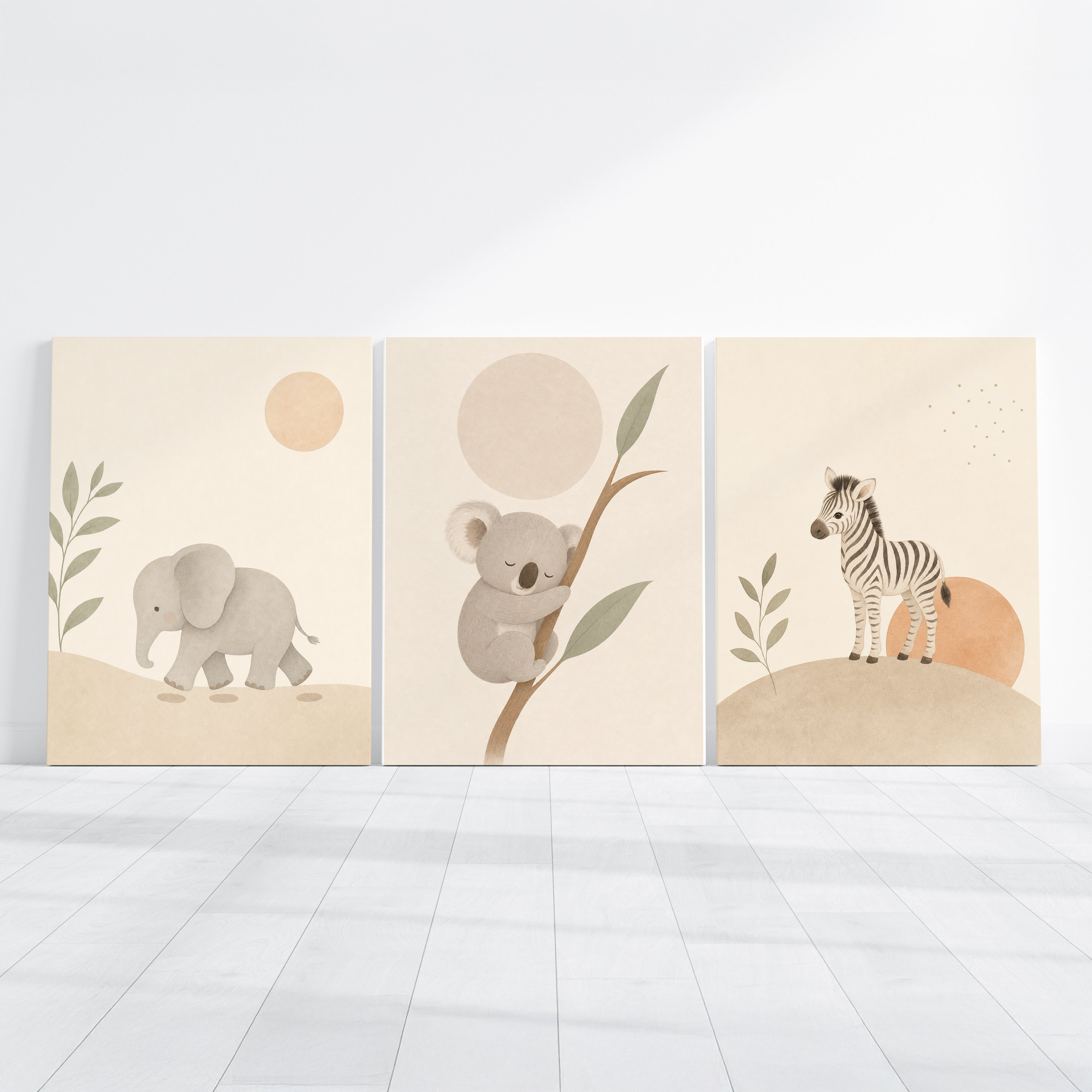 Sada 3 dětských obrazů se slonem, koalou, zebrou a jemnými botanickými prvky