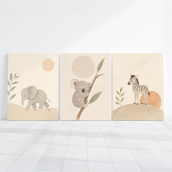 Sada 3 dětských obrazů se slonem, koalou, zebrou a jemnými botanickými prvky